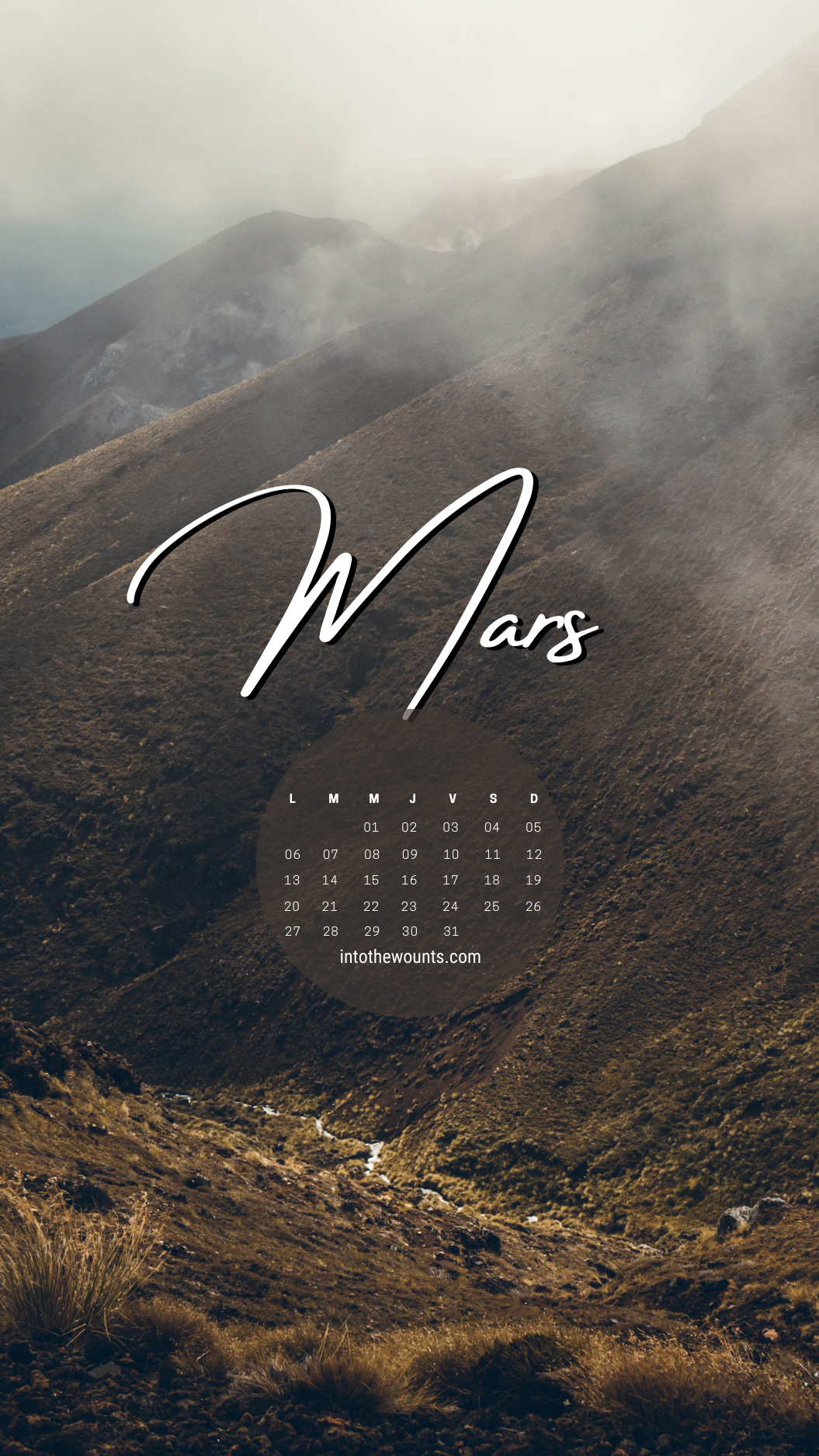 Fond d'écran mars 2023 thème montagnes avec calendrier pour tel smartphone