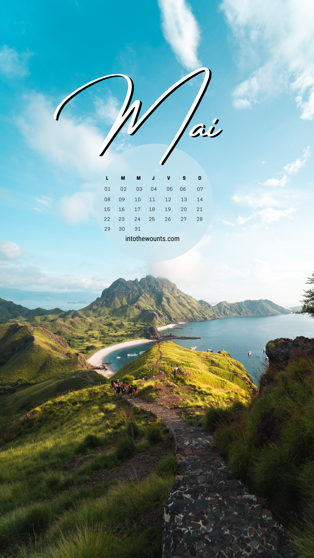 Fond d'écran du mois de mai 2023 avec calendrier. Thème montagnes, voyage, nature, vue panoramique.