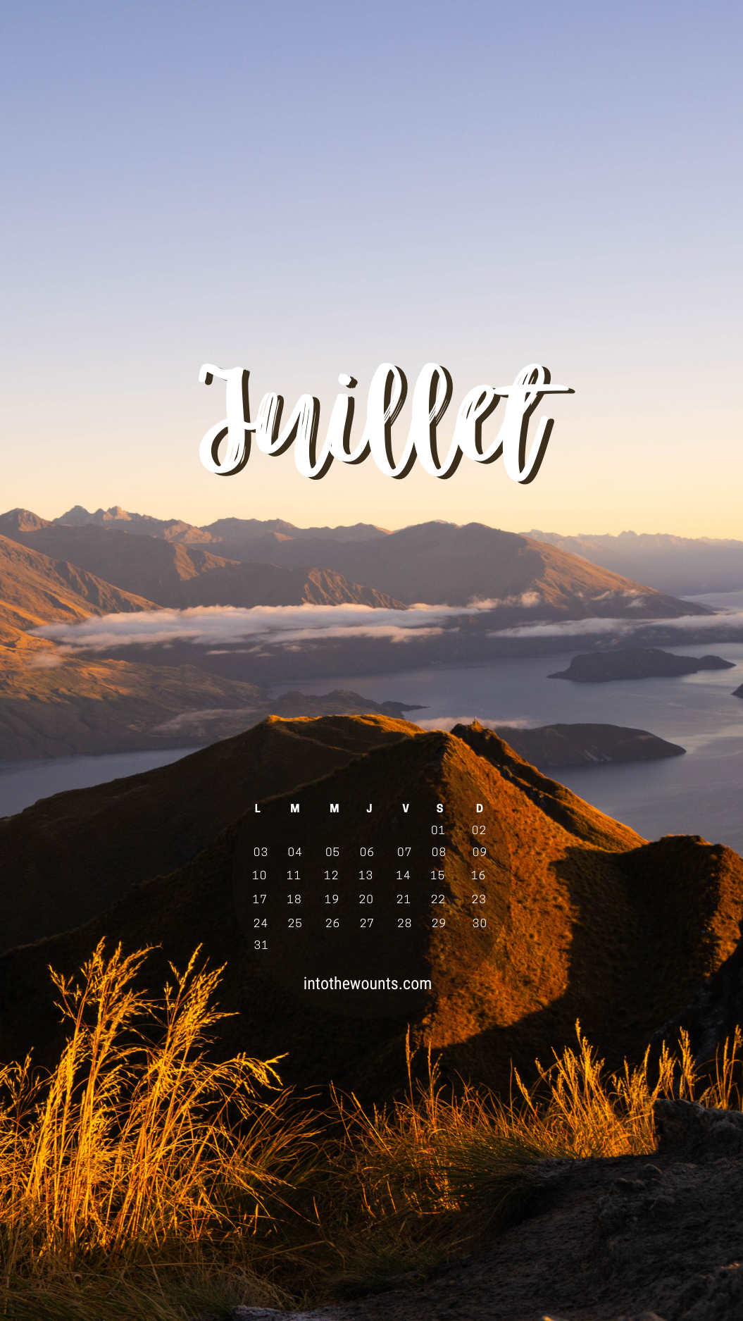 Fond d'écran juillet 2023 avec calendrier. Photo montagnes, Nouvelle-Zélande, PVT