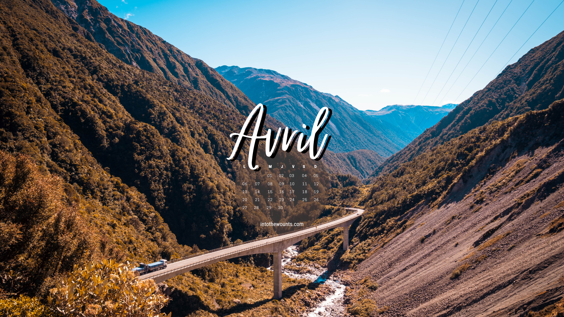 Fonds d'écran pour le mois d'avril 2026, avec et sans calendrier, pour téléphone et ordinateur. Thème nature, paysage, montagnes