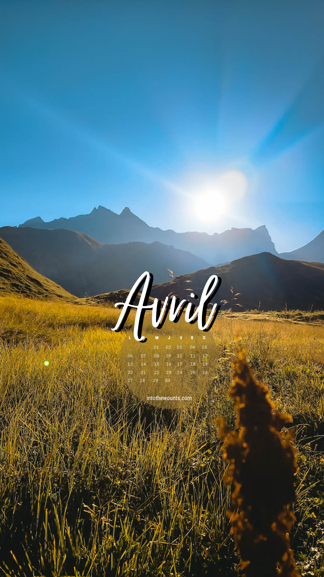 Fonds d'écran pour le mois d'avril 2026, avec et sans calendrier, pour téléphone et ordinateur. Thème nature, paysage, montagnes