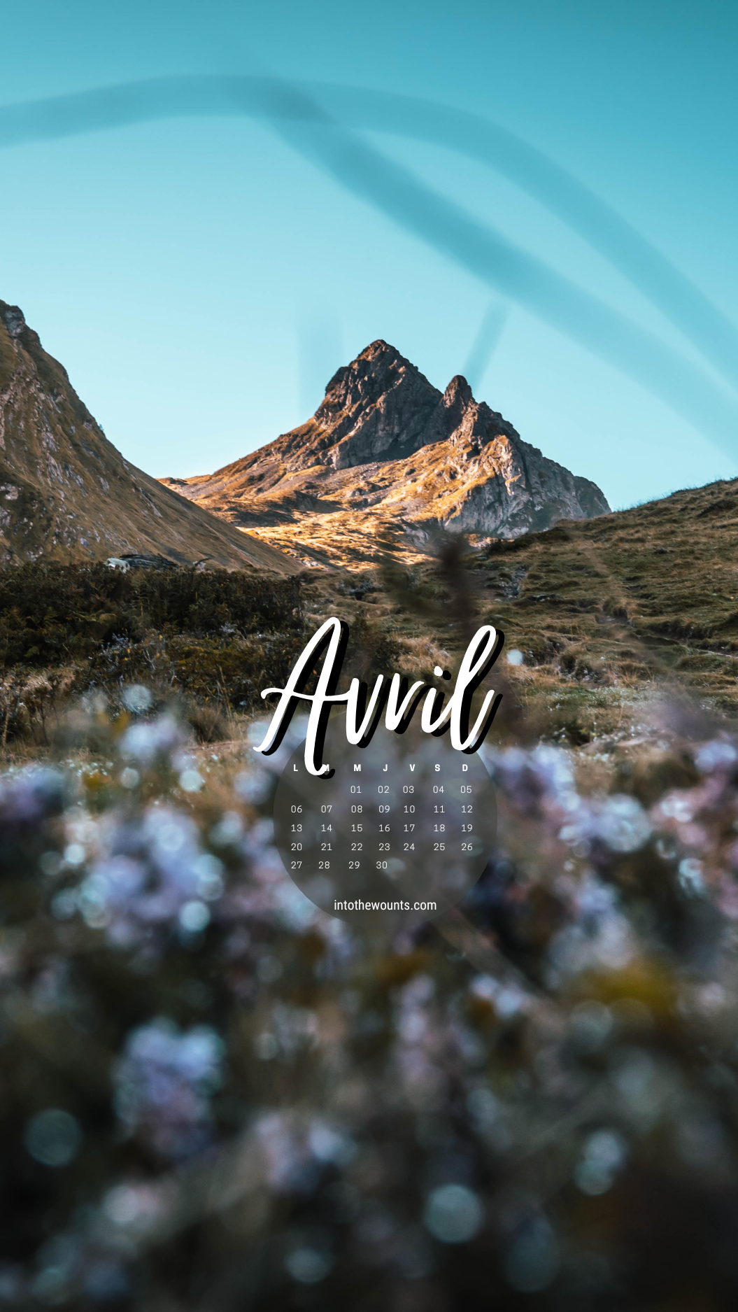 Fonds d'écran pour le mois d'avril 2026, avec et sans calendrier, pour téléphone et ordinateur. Thème nature, paysage, montagnes