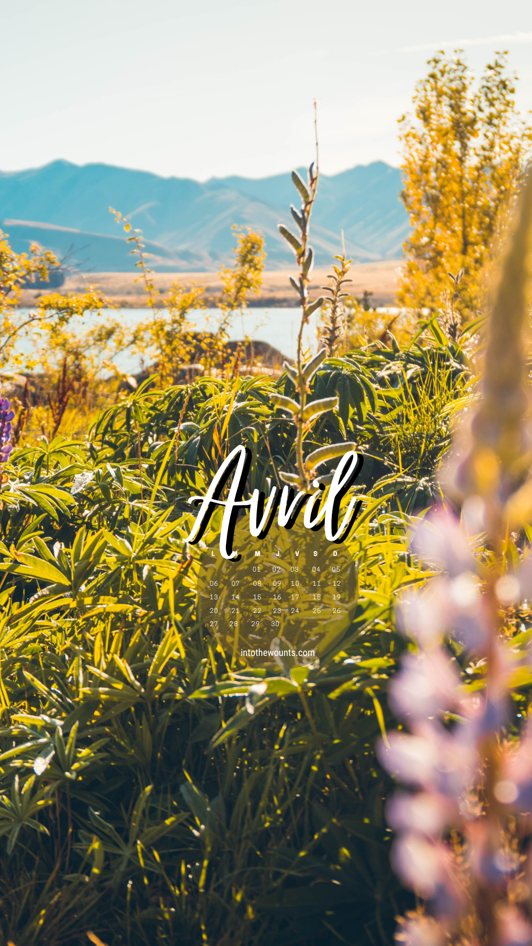 Fonds d'écran pour le mois d'avril 2026, avec et sans calendrier, pour téléphone et ordinateur. Thème nature, paysage, montagnes