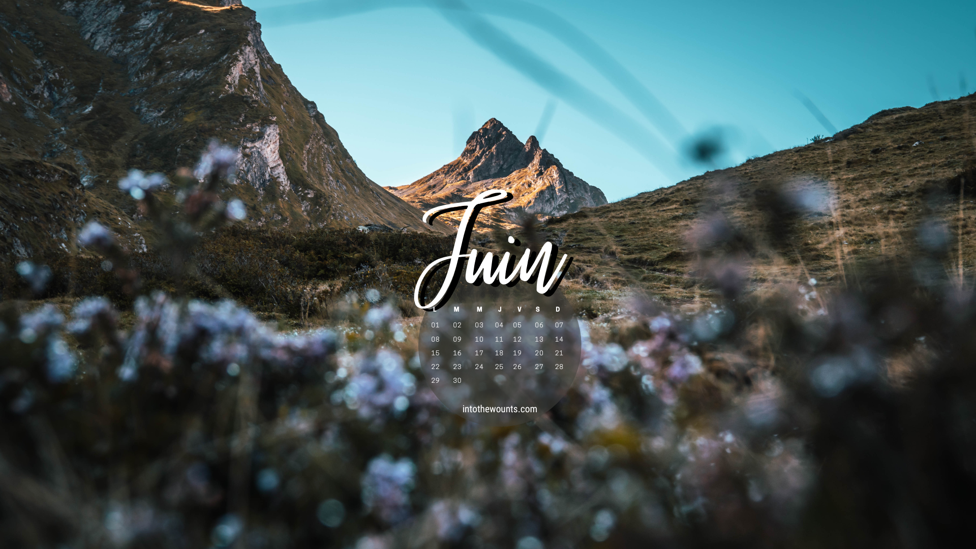 Fonds d'écran pour téléphone et ordinateur, avec et sans calendrier pour le mois de juin 2026. Thème montagnes / été
