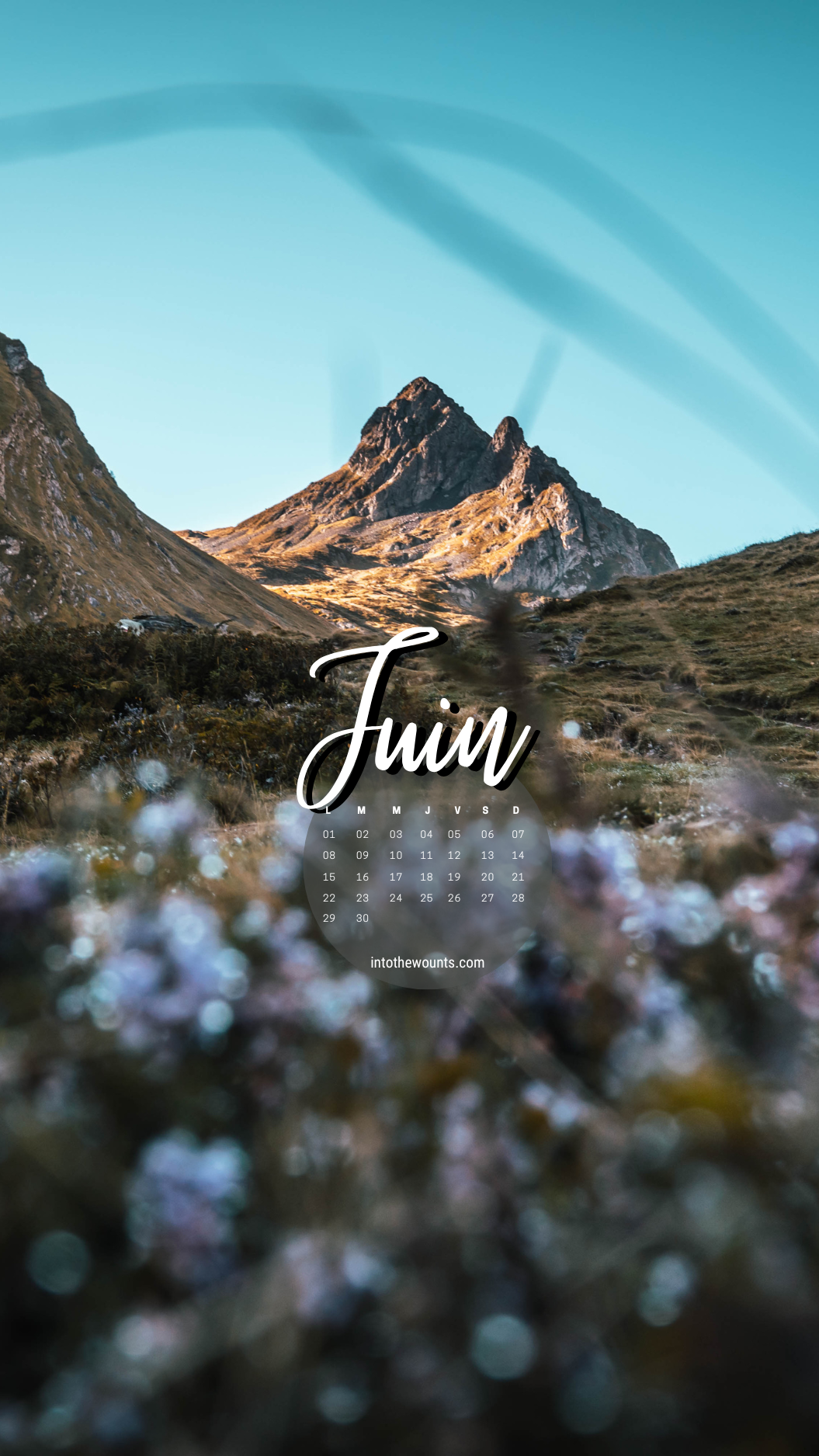 Fonds d'écran pour téléphone et ordinateur, avec et sans calendrier pour le mois de juin 2026. Thème montagnes / été