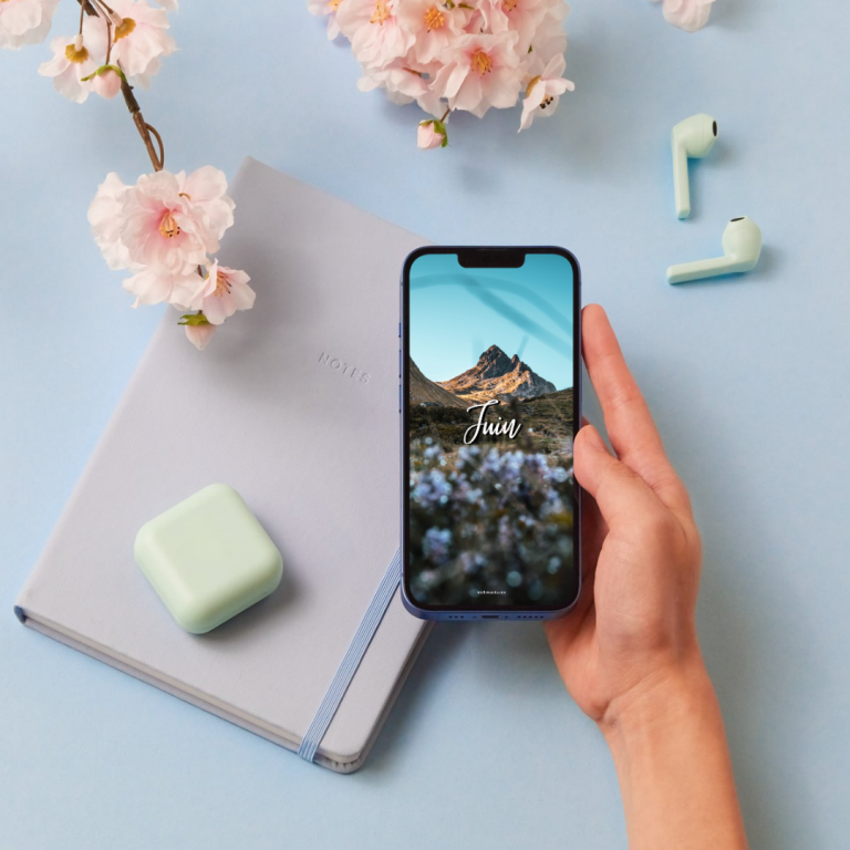 Fonds d'écran pour téléphone et ordinateur, avec et sans calendrier pour le mois de juin 2026. Thème montagnes / été