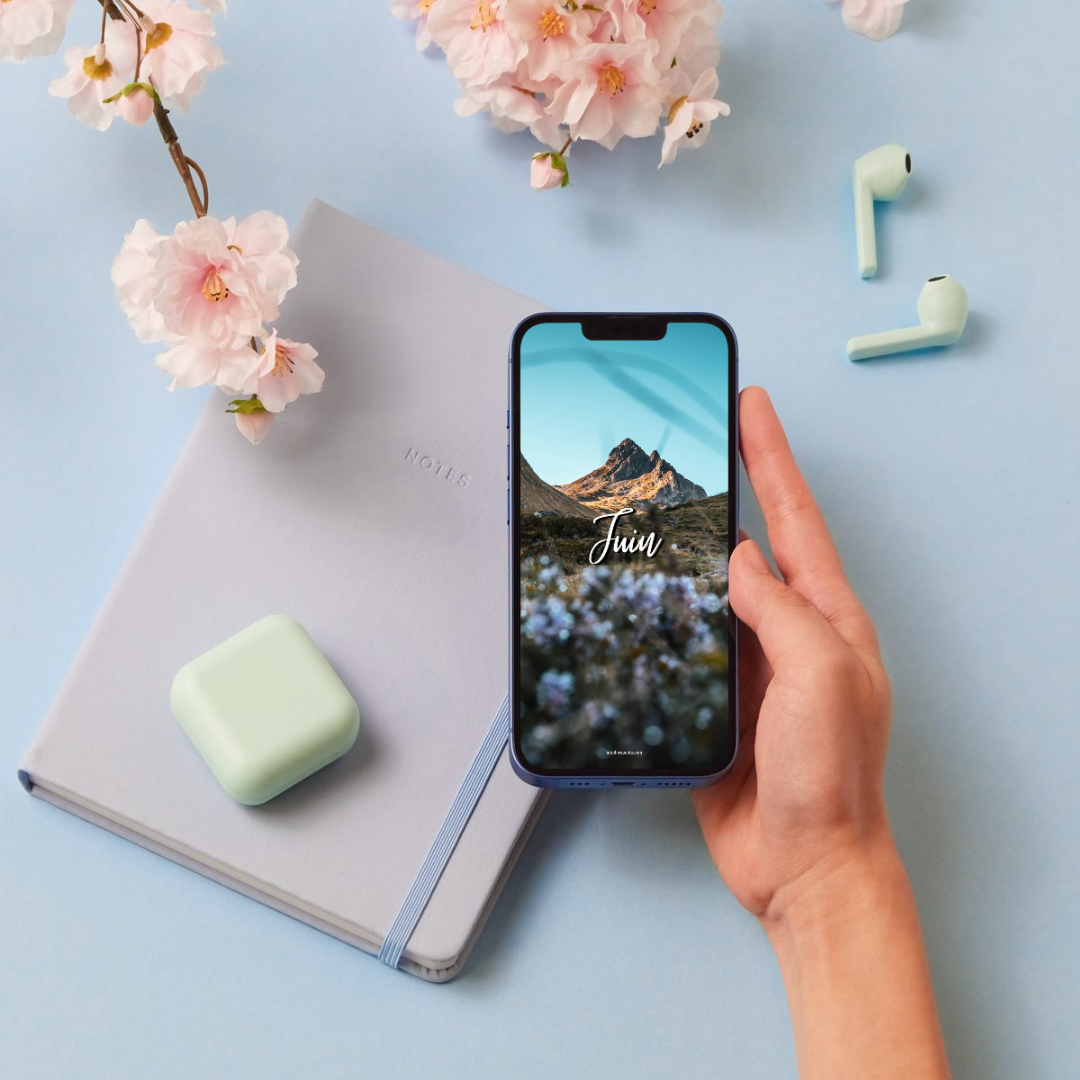 Fonds d'écran pour téléphone et ordinateur, avec et sans calendrier pour le mois de juin 2026. Thème montagnes / été