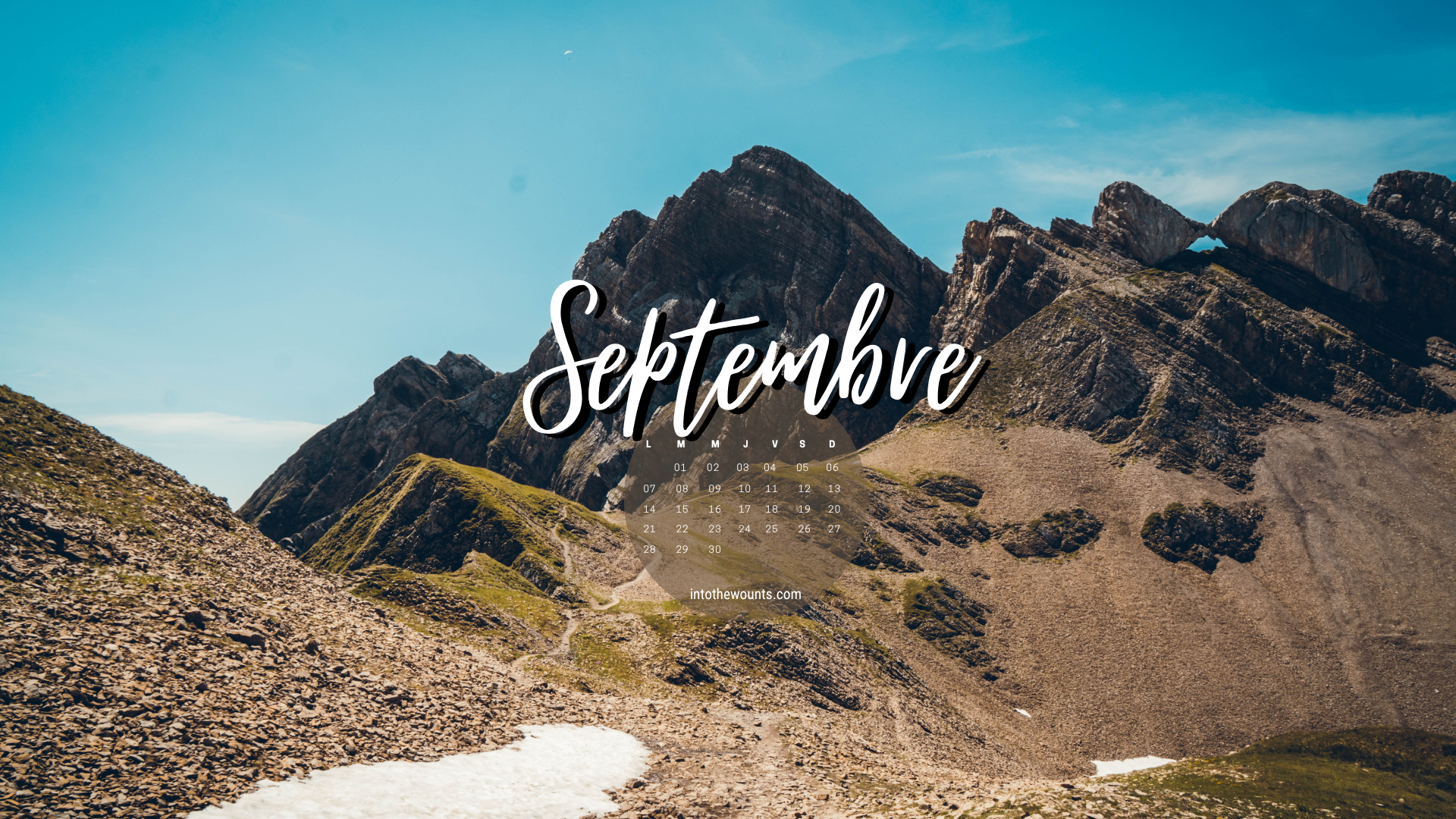 Fond d'écran ordinateur septembre 2026 avec calendrier - La Clusaz, sommets rocheux et plaques de neige