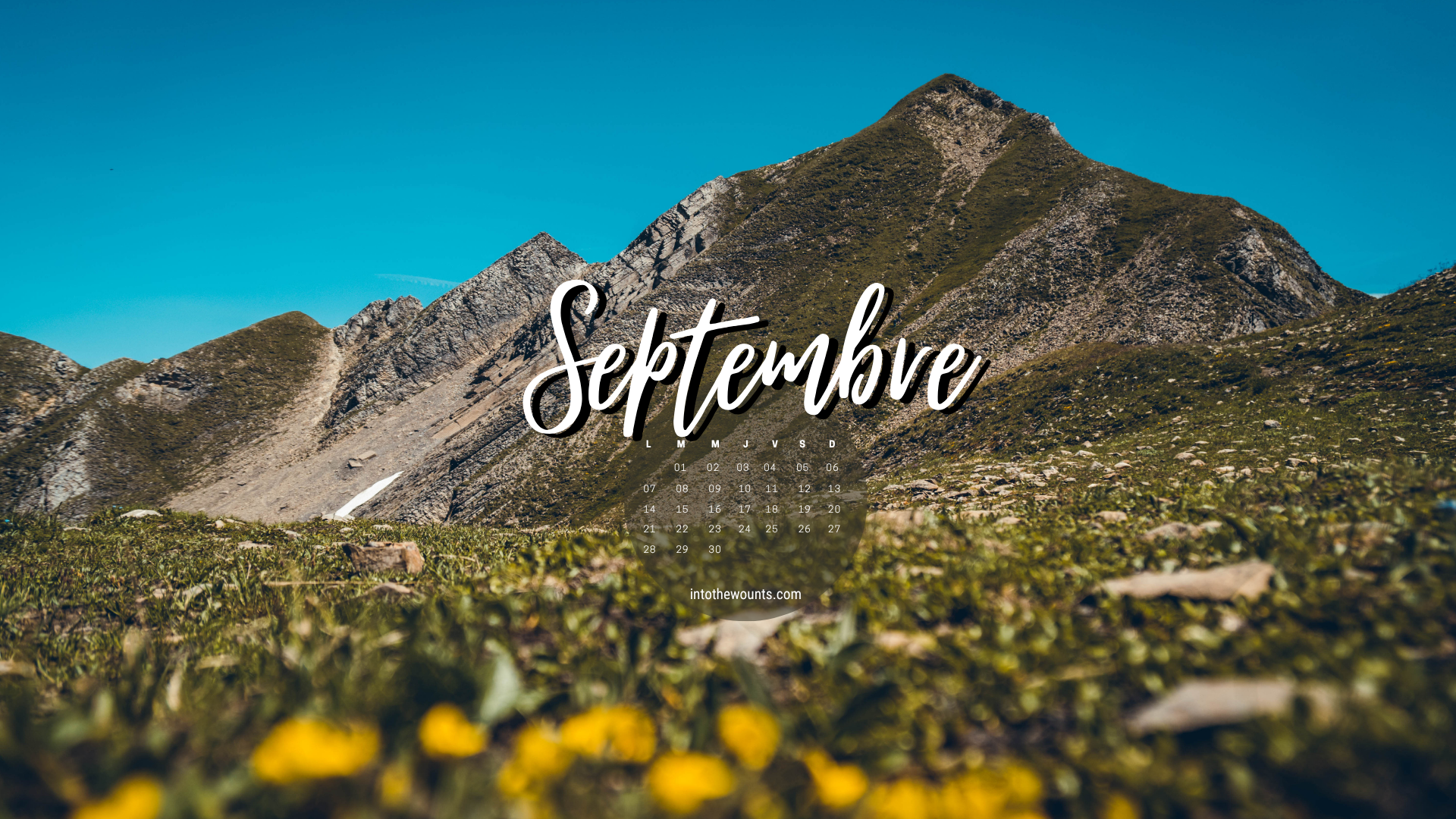 Fond d'écran ordinateur septembre 2026 avec calendrier - La Clusaz, fleurs jaunes au premier plan, sommet pointu