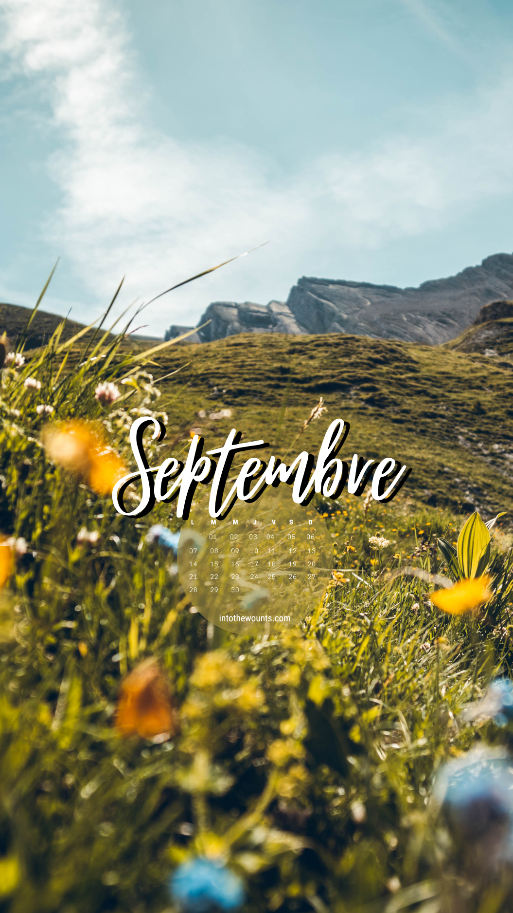 Fond d'écran mobile septembre 2026 avec calendrier - La Clusaz, prairie de fleurs jaunes et violettes, sentier de montagne