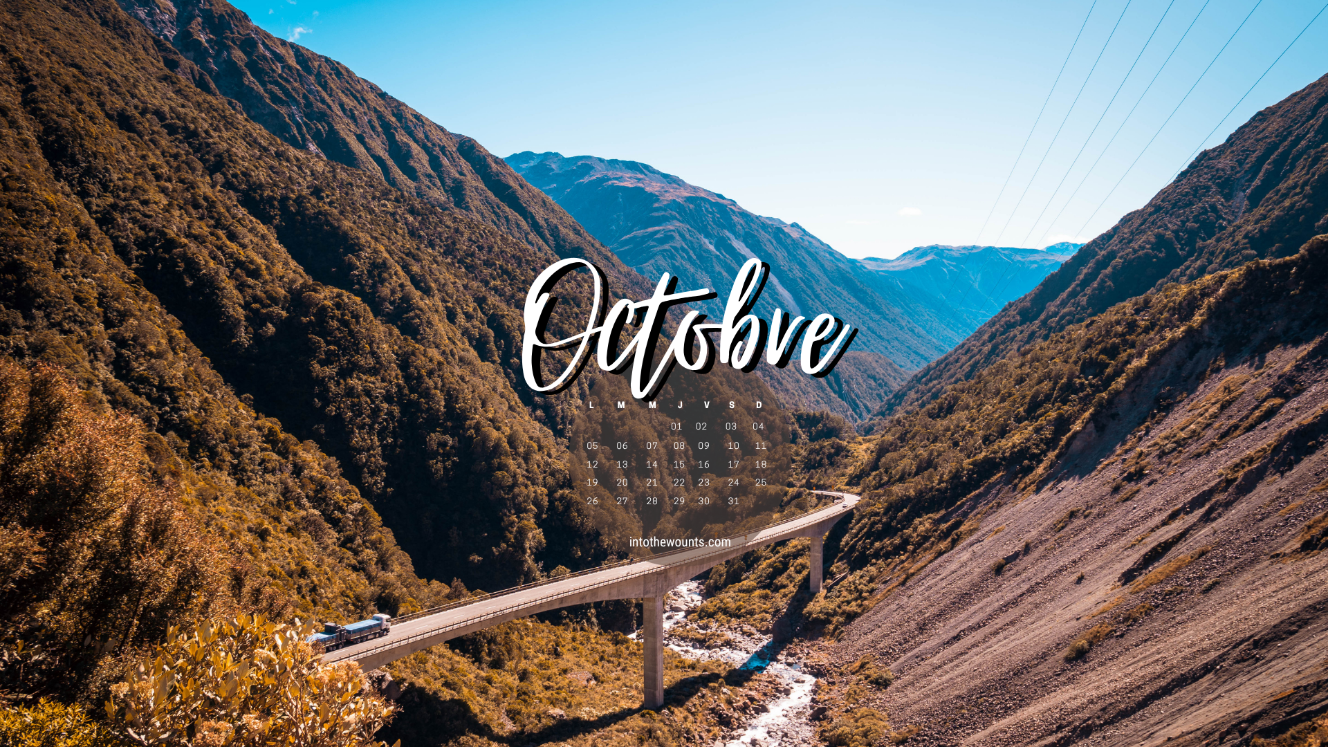 Fond d'écran ordinateur octobre 2026 avec calendrier - Arthur's Pass, Nouvelle-Zélande, vallée et rivière sous un ciel bleu