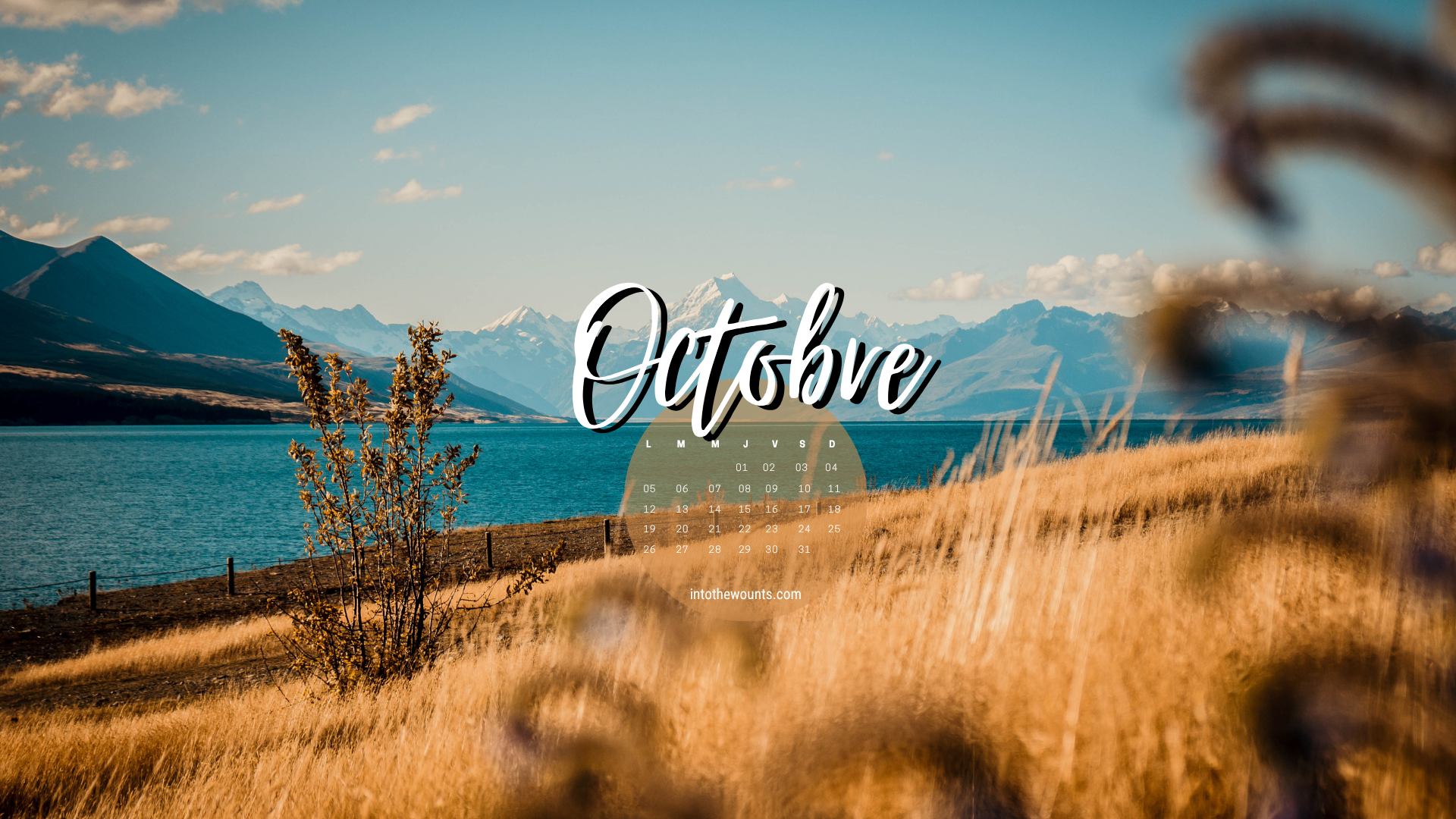 Fond d'écran ordinateur octobre 2026 avec calendrier - Lac Pukaki, Nouvelle-Zélande, eaux turquoise et chaîne de montagnes