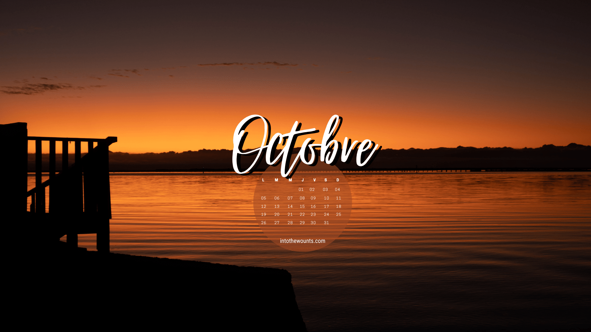 Fond d'écran ordinateur octobre 2026 avec calendrier - Motueka Beach Reserve, Nouvelle-Zélande, coucher de soleil orangé sur l'eau