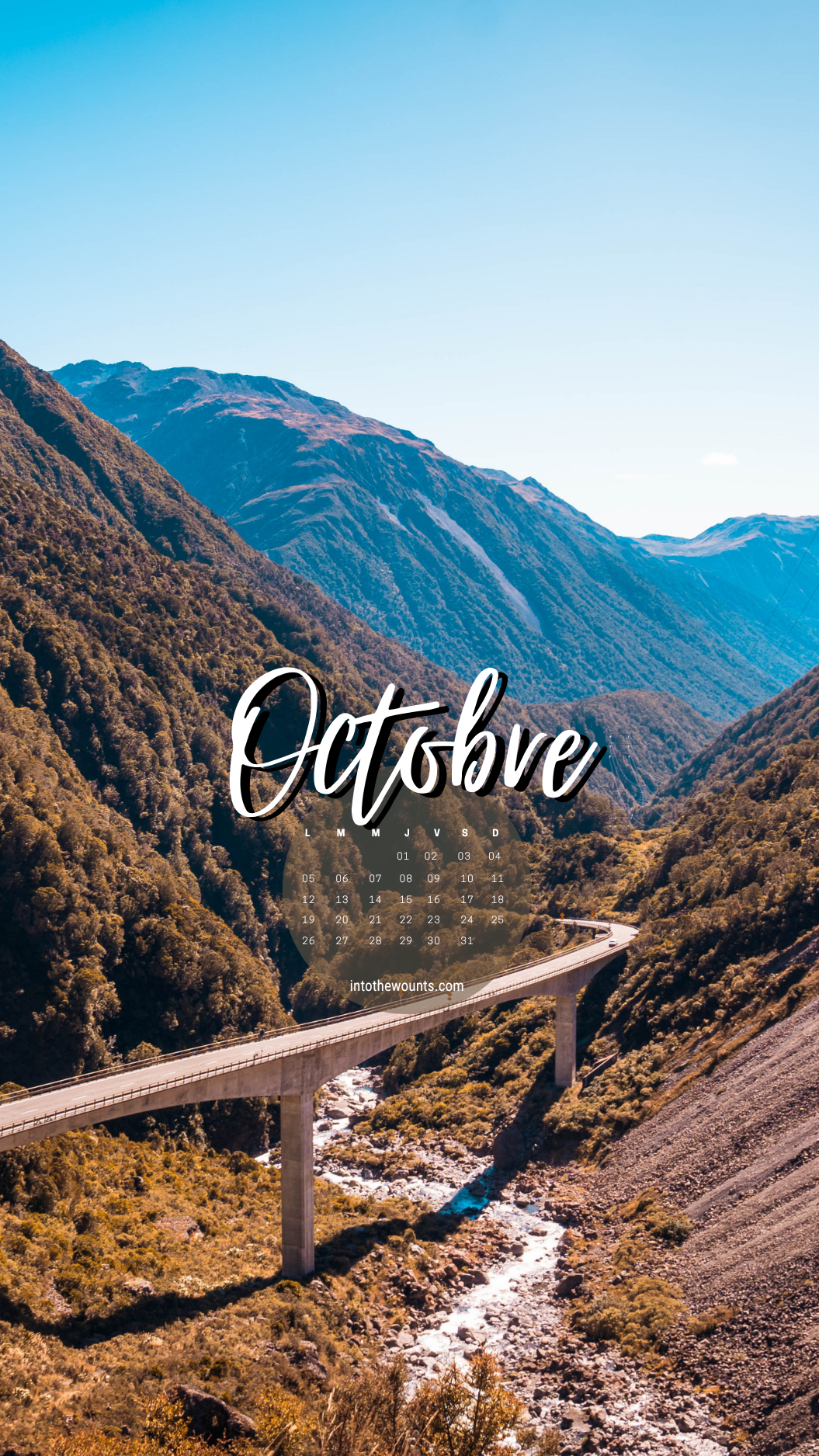 Fond d'écran mobile octobre 2026 avec calendrier - Arthur's Pass, Nouvelle-Zélande, vallée et rivière sous un ciel bleu