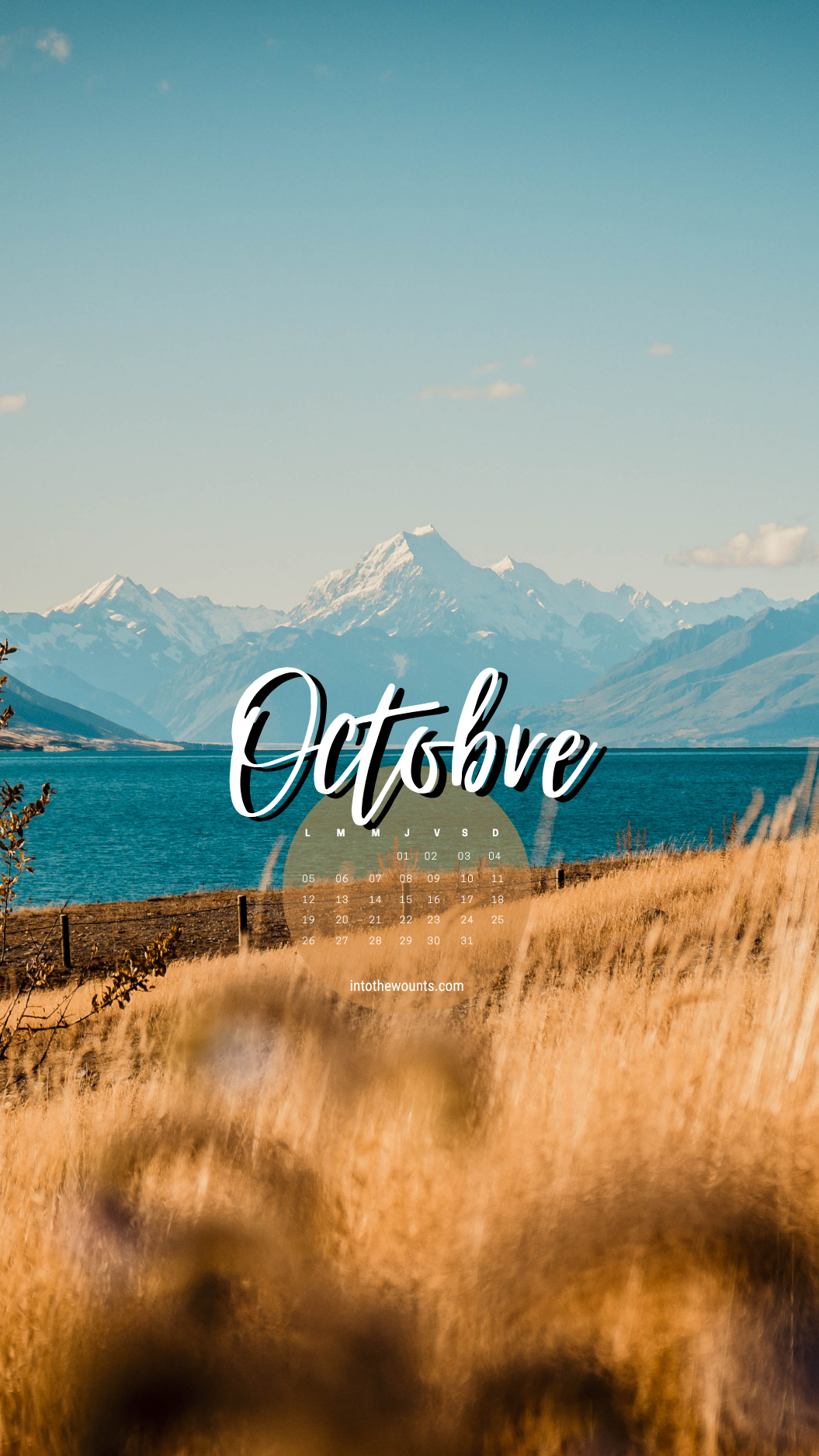Fond d'écran mobile octobre 2026 avec calendrier - Lac Pukaki, Nouvelle-Zélande, eaux turquoise et chaîne de montagnes