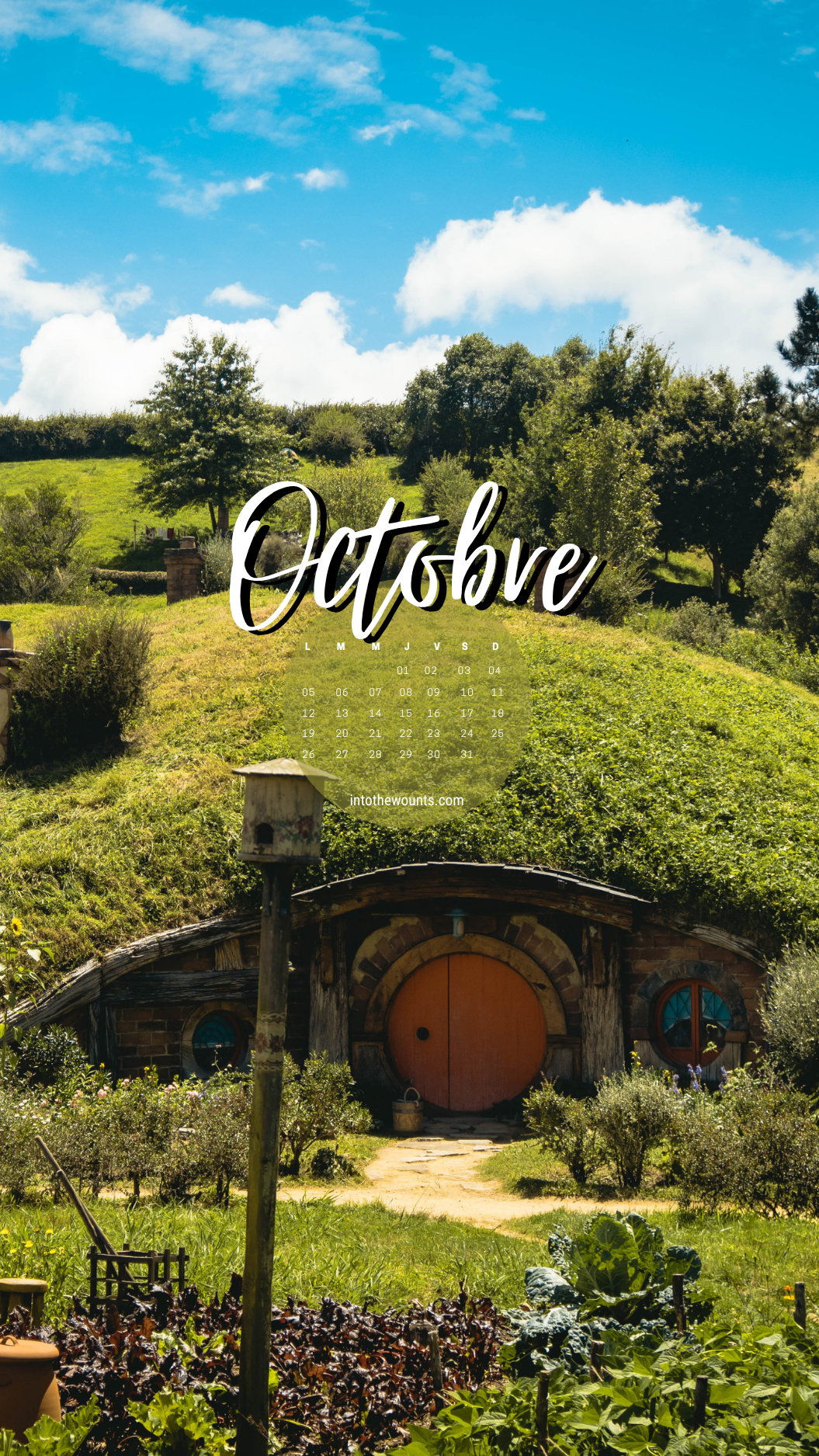 Fond d'écran mobile octobre 2026 avec calendrier - Hobbiton, Nouvelle-Zélande, collines verdoyantes et maisons de hobbit